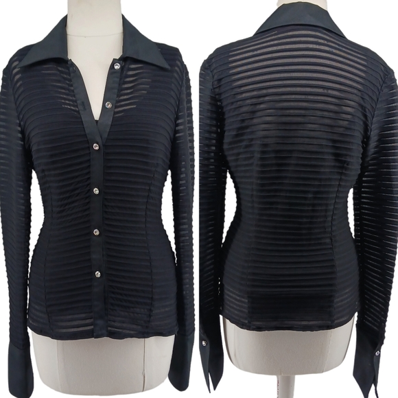 JS Collection Black Mesh Striped Shirt & Tank Top Set Ringstones Button Size 6 - Picture 2 of 16